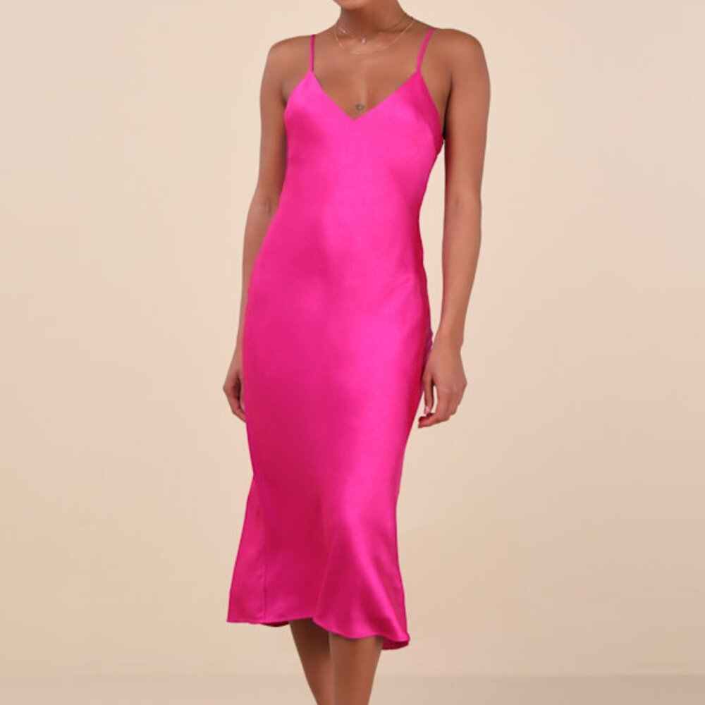 Lulus Katrien Fuchsia Textured Satin Backless Midi Slip Dress Pink - Size S